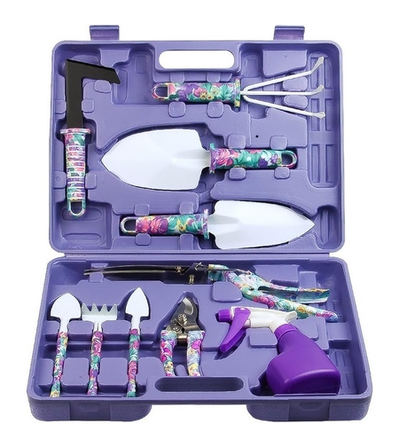 Set 10 accesorii pentru gradinarit Flippy, geanta depozitare inclusa, otel inoxidabil, 37 x 28 cm, mov