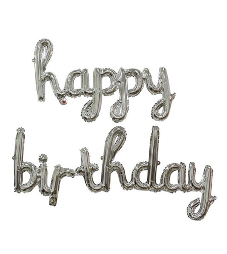 Set 10 Baloane din Folie Metalizata, Flippy, Figurine Litere, Model Scris de Mana Happy Birthday, Tema Aniversare, 40 cm, Ambalaj Individual, Pai Inclus, Umflare cu Aer sau Heliu, Argintiu