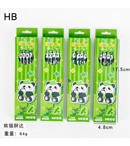 Set 12 Creioane Negre, Flippy, 2B, pentru Elevi Scoala, cu Radiera, Model Verde cu Panda