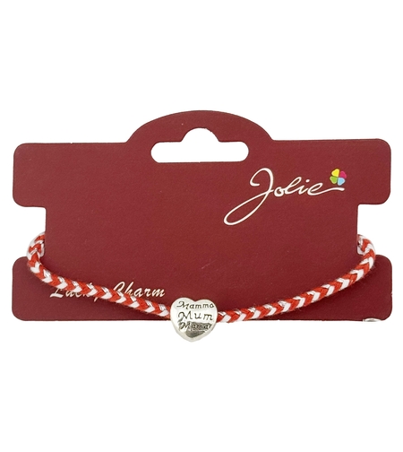 Bratara Martisor Reglabila, Jolie, Model Inima cu inscriptie: Mamma / Mum / Mama, snur Impletit, 9 x 4 cm, Alb Rosu