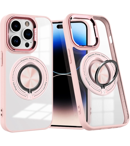 Husa de Protectie TPU, Vafy, pentru iPhone 16 Pro, Anticadere, cu Incarcare Wireless, Tehnologie Magsafe, Inel Magnetic Rotativ cu Functie de Suport, Transparent-Roz