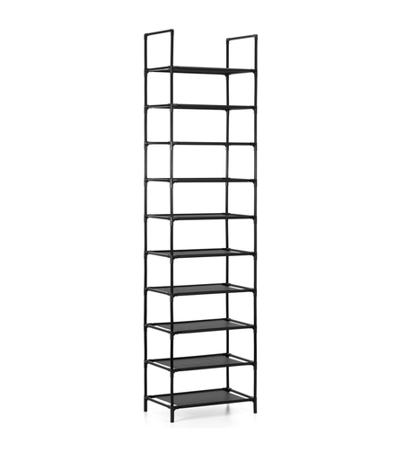 Raft pantofi inalt cu 10 polite, structura metalica si rafturi textile, 45x28x178 cm, negru