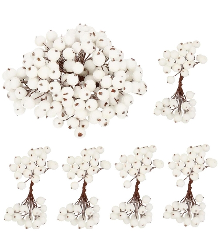Set decorativ ramuri cu merisoare rosii artificiale inghetate, 15 cm, 200 boabe, alb