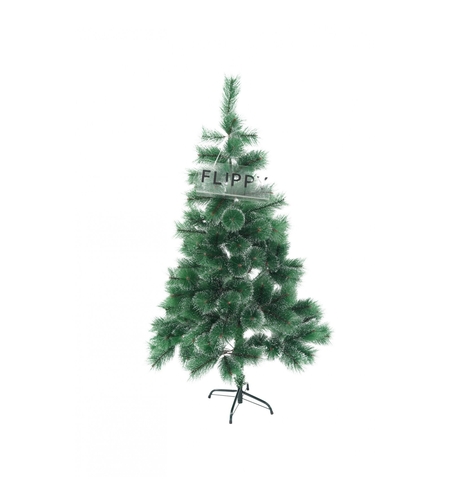Brad artificial de Craciun tip pin inzapezit, inaltime 150 cm, diametru 85 cm, 160 ramuri cu ace 3D 12 cm, Flippy, verde cu varfuri ninse, suport metalic inclus