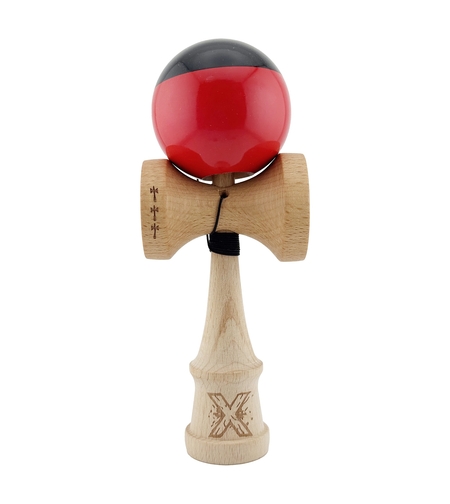 Kendama X Originala, Profesionala, Flippy, Big Cups V2, Super Sticky cu Cupe Mari, Rulment Metalic, din lemn 18 cm, Ata 55 cm, Negru/Rosu