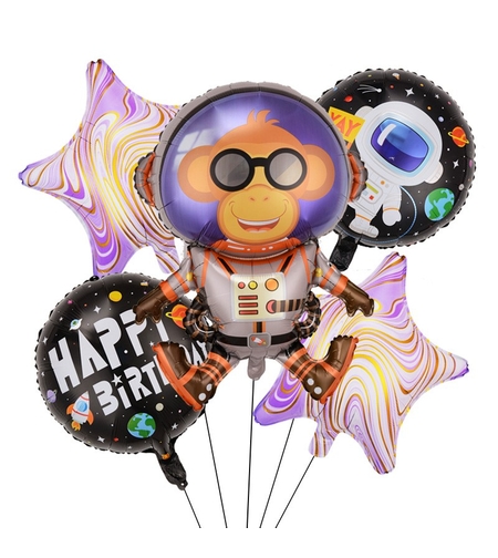Baloane Model Maimutica Spatiala, Flippy, Set din 5 baloane, 1 Maimutica Astronaut, 2 Stele, 2 Rotunde, din folie de aluminiu, Adeziv si pai incluse, 78x45cm, Multicolor