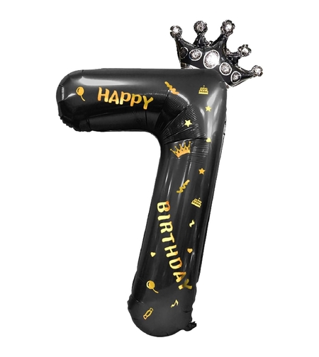 Balon din Folie Metalizata Flippy, Figurina Cifra si Coroana, Scris Happy Birthday, Tema Aniversare 100 cm, Ambalaj Individual, Pai inclus, Umflare cu Aer sau Heliu, Negru, Cifra 7