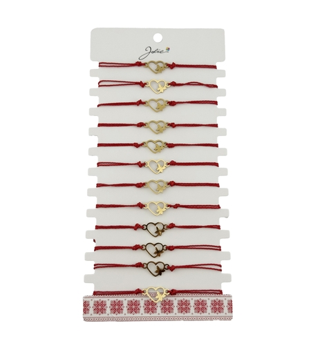 Bratara Martisor pentru Dama, Jolie, Model Inima cu Fluture, Set 12 bucati, Pandativ Auriu din Inox cu Snur Rosu Ajustabil