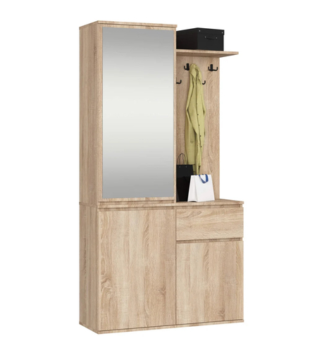 Set hol Entro cu oglinda, cuier si spatii de depozitare, PAL laminat 16 mm, 95x35x183 cm, stejar sonoma