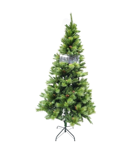 Brad artificial de Craciun, Decorat cu conuri de pin, pentru interior/exterior, inaltime 210 cm, diametru 114 cm, 1057 ramuri, Flippy, verde, suport metalic inclus