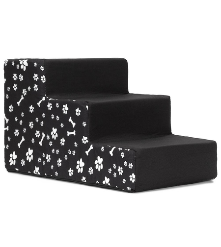 Scara pentru animale de companie, caini sau pisici, 3 trepte, antiderapanta, husa detasabila, inaltime 30 cm, negru cu decor alb