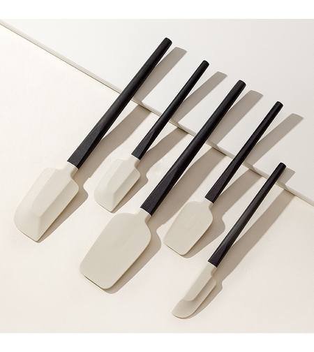 Set 5 Ustensile de Bucatarie, Flippy, din Silicon si Lemn, Spatule de Diferite Dimensiuni, Termorezistente, Antiaderente, Alb-Negru