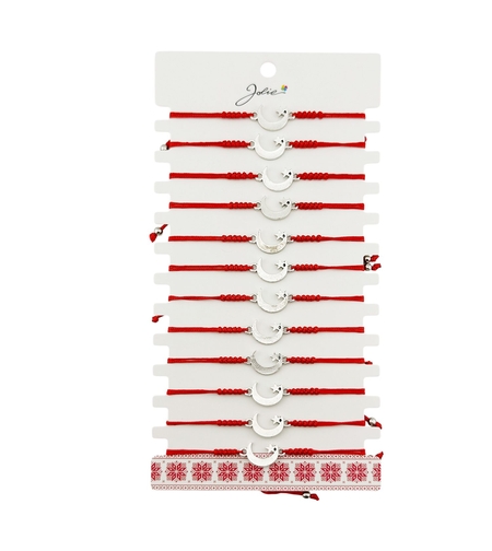 Martisor Bratara Impletita cu Pandantiv din Inox, Jolie, pentru Dama, Set 12 bucati, Snur Rosu Textil, Dimensiune Reglabila, Model Luna Stea