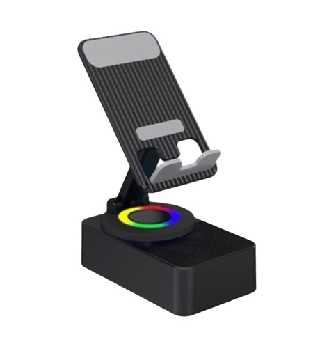 Suport Telefon cu Boxa Bluetooth, Flippy, Wireless, Rotativ 360°, Pliabil, 5 W, Acumulator 1500 mAh, USB Type-C, 12,2 x 7,4 x 5,8 cm, Negru