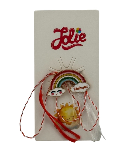 Martisor pentru copii, Jolie, Material Metal, Ambalaj Carton cu Design, Dimensiune Brosa Aproximativ 2x2 cm, Multicolor, cu Mesaj, Model Curcubeu si Norisori