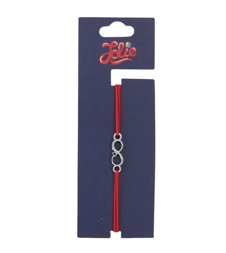 Martisor Bratara din Inox pentru Copii, Jolie, Textil si Inox, Snur Rosu, Model Infinit Inimioara, Argintiu