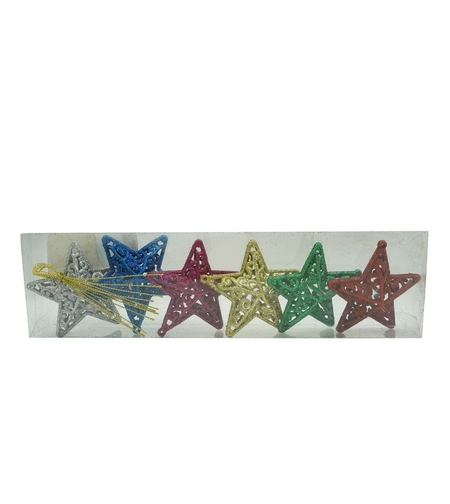 Set de 6 ornamente de brad, Flippy, de tip Stea, Multicolor, din plastic, cu finisaj sclipitor , cutie 3 cm adancime x 31 cm lungime x 9 cm inaltime
