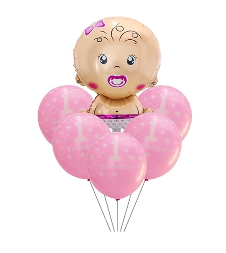 Set baloane pentru fetite, Vafy, FIRST ANYVERSARY, 5 latex 1 Birthday, 1 balon folie din aluminu baby girl, 71 cm, Roz
