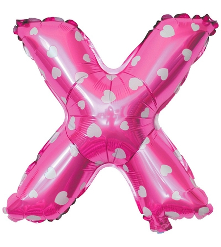Balon Folie Metalizata Litera X, Flippy, 40 cm, Cu Imprimeu Inimioare, Umflati cu Heliu sau Aer, Ambalaj Individual, Pai inclus, Roz