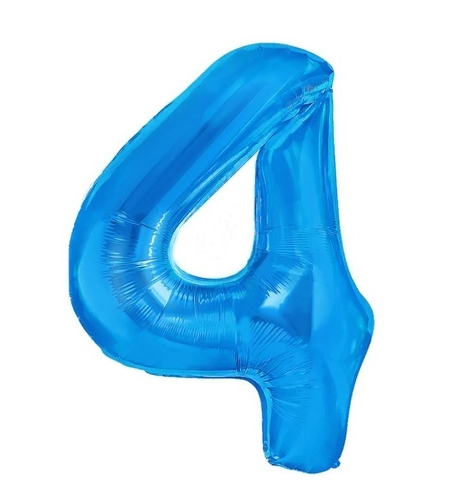 Balon din Folie Metalizata, Flippy, Figurina Cifra, Tema Aniversare 100 cm, Ambalaj Individual, Pai inclus, Umflare cu Aer sau Heliu, Albastru, Cifra 4