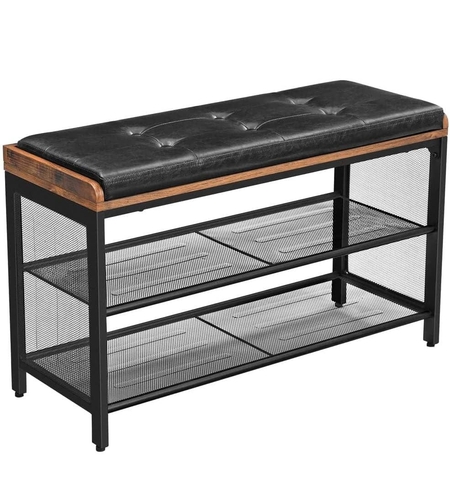 VASAGLE Banca pentru hol, cu raft suport de pantofi, sezut captusit imitatie piele, design industrial, 30x80x48cm, negru cu maro
