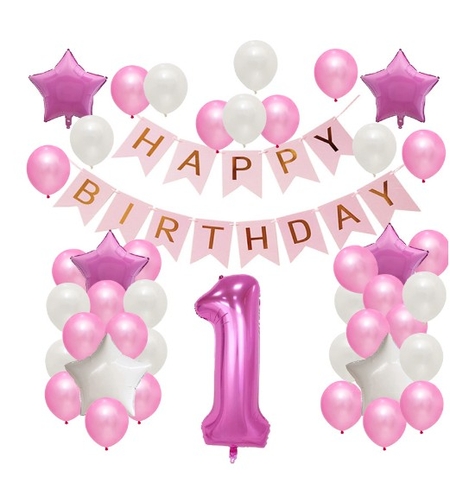 Set Baloane Aniversare HAPPY BIRTHDAY, Vafy, set din 42 bucati, 1 bucata cifra mare, 4 stele din folie aluminiu, 37 simple din latex, Baby Girl, 60 cm Roz