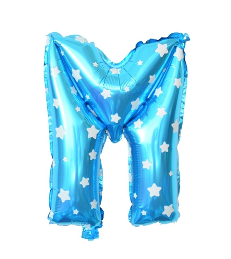 Balon Folie Metalizata Litera M, Flippy, 40 cm, Cu Imprimeu Stelute, Umflati cu Heliu sau Aer, Ambalaj Individual, Pai inclus, Albastru
