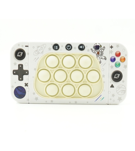 Jucarie interactiva tip consola pentru copii Flippy, speed push whack-a-mole, joc de viteza pop it, material ABS/silicon, cu nivele, sunete si lumini, 15.5 x 7.6 x 5.3 cm, model astronaut, alb