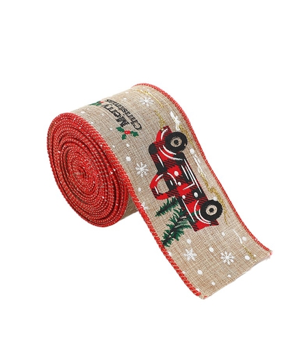 Panglica de Craciun pentru Decor Brad, Flippy, Panglica Decorativa de Craciun pentru Funde, Imprimeu Pick-Up Merry Christmas, 200 x 6.3 m, Khaki Rosu