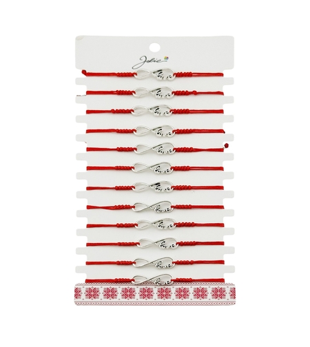 Martisor Bratara Impletita cu Pandantiv din Inox, Jolie, pentru Dama, Set 12 bucati, Snur Rosu Textil, Dimensiune Reglabila, Model Love Infinit