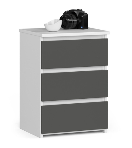 Noptiera cu 3 sertare, PAL laminat 16 mm, 40x35x57 cm, alb si gri