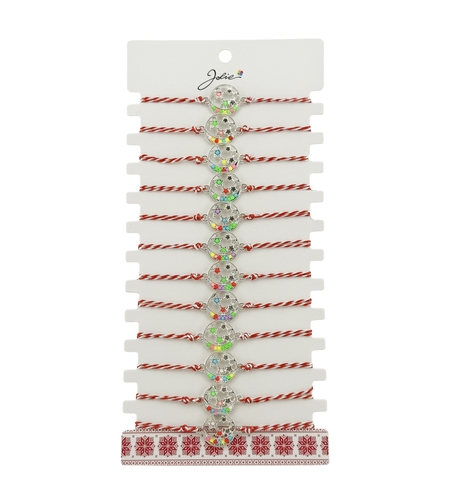Bratara Martisor pentru Dama, Jolie, Model Luna cu Stele, Set 12 bucati, Pandativ Argintiu din Inox cu Elemente Multicolore, Snur Alb/Rosu