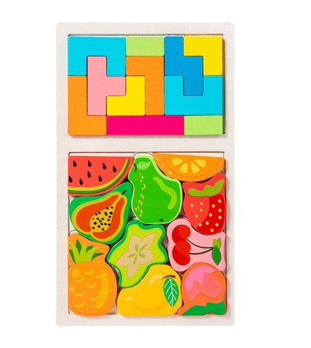 Puzzle Montessori din Lemn pentru Copii, Flippy, Tip Tetris 2in1 +3 Ani, cu Fructe Colorate 3D, Educativ, Intuitiv, Creativ, 21 de Piese, 28.5x17x1.2 cm, Multicolor