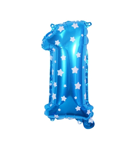 Balon din Folie Metalizata Flippy, Figurina Cifra, Imprimeu Stele, Tema Aniversare 80 cm, Ambalaj Individual, Pai inclus, Umflare cu Aer sau Heliu, Albastru, Cifra 1