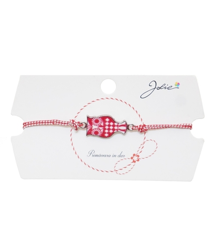 Martisor tip Bratara Traditionala cu Pandantiv, Jolie, Model Bufnita, Snur Impletit Alb/Rosu, Dimensiune Pandativ Aprox 2 cm, Ambalaj cu Design