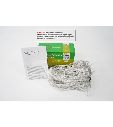 Sectiune Instalatie de Craciun Vafy Tip Perdea, cu Flash, 1 m x 1 m, 60 LED-uri, Interconectabila, Fir Transparent, Alb-cald