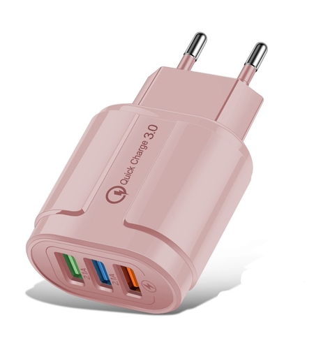 Incarcator Rapid QC3.0, Flippy, 3 Porturi USB, 2.1A, 18W, din ABS, Protectie Supraincalzire, Gama Macarons, Roz
