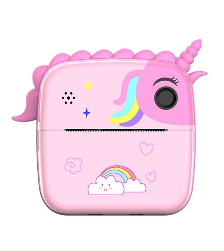 Set Camera Instantanee pentru Copii, Flippy, Ecran HD 2.4'', 24MP, 1200 mAh, cu Functie de Printare Alb-Negru, cablu USB-C, Bluetooth, Compatibil iOS/Android, Model Unicorn, Roz
