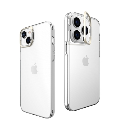 Husa de protectie pentru iPhone 14, cu suport metalic pentru camera, Bracket Series, Vafy, Protectie Antisoc, PC mat, silicon moale pe margini, Transparent