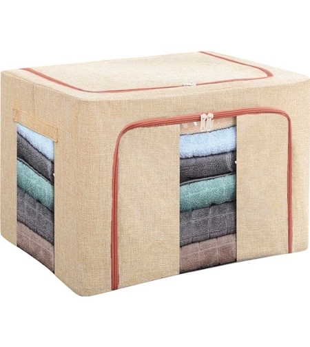Cutie de Depozitare Pliabila, Flippy, 66 L, din Bumbac si In, 33x40x50 cm, 2 Ferestre, Frontala si Laterala, 2 Usi de Acces cu Fermoar Bidirectional, Cadru Metalic, Suport Baza Stabil din Plastic, Roz Pudrat