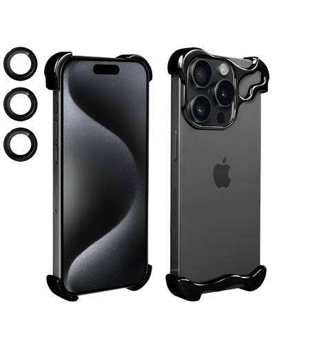 Husa Metalica Compatibila cu iPhone 15 Pro Max, Protectie pentru Colturile Telefonului si Camera, Lentile pentru Obiective, Aliaj, Antisoc, Antizgariere, Negru
