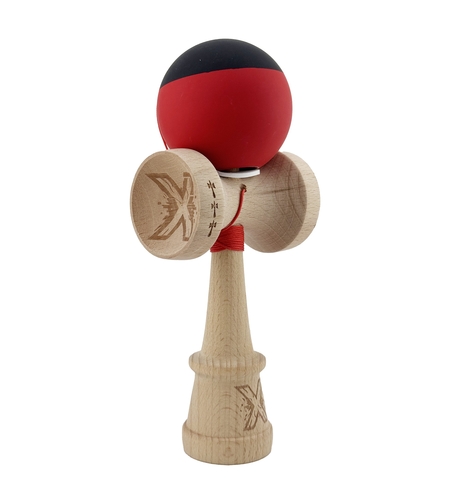 Kendama X Originala, Profesionala, Flippy, Cupe Mari KING SIZE V3, Rubber Grip, Gaura in Baza, Rulment Metalic, din lemn 18 cm, Ata 62/65 cm, Bicolor Negru/Rosu