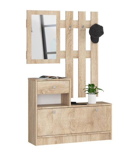 Set mobilier hol cu pantofar, oglinda, sertar si cuier metalic, PAL laminat, 90x25x170 cm, stejar sonoma
