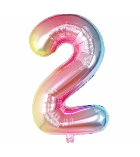 Balon din Folie Metalizata Flippy, Figurina Cifra Gradient, Tema Aniversare 40 cm, Ambalaj Individual, Pai inclus, Umflare cu Aer sau Heliu, Multicolor, Cifra 2