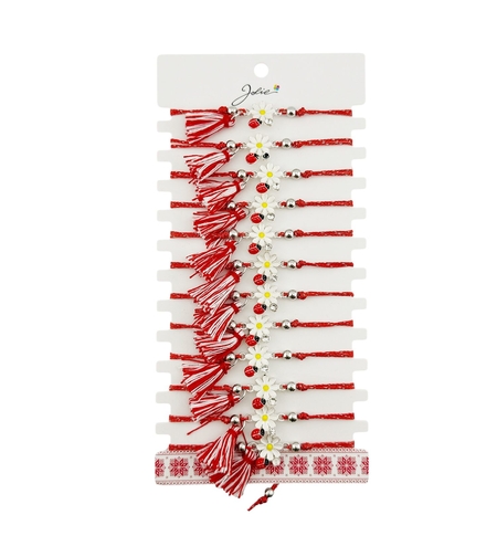 Martisor Bratara cu Ciucure pentru Dama, Jolie, Model Margareta cu Buburuza, Set 12 bucati, Pandativ din Inox, Snur Reglabil, Rosu/Alb