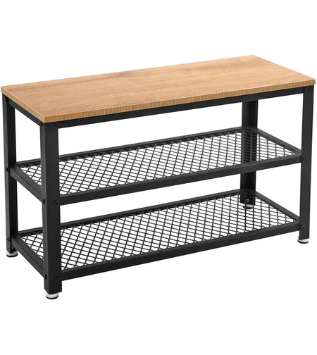 VASAGLE Banca pantofi cu 2 rafturi, cadru metalic si sezut din PAL, stil industrial, 73x30x45 cm, stejar si negru