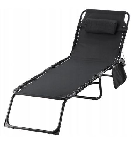 Sezlong pliabil 190x58x30 cm, cu spatar reglabil, perna si buzunar lateral, cadru metalic, negru