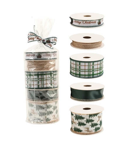 Panglica Decorativa cu Tematica de Craciun, Flippy, Set din 4 bucat + 1 Rulon Ata Maro, Panglica pentru Cadou de Craciun Brad si Decor, 2 M per bucata, Model Brad, Alb Verde