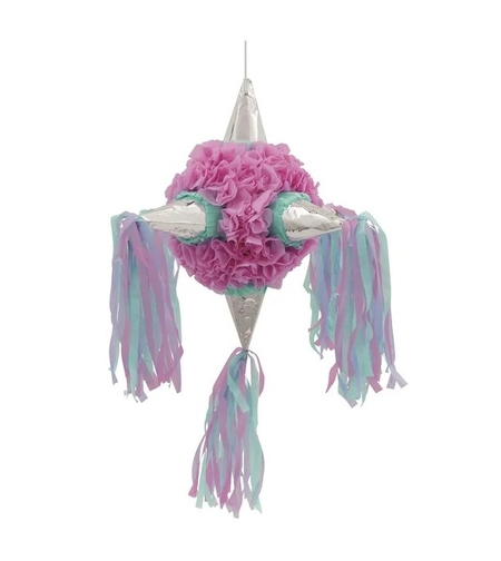 Pinata Rotunda pentru Petrecere, Flippy, Detalii Argintii, din Hartie si Carton, Pinata pentru Copii, 76 x 50 x 50 cm, Roz