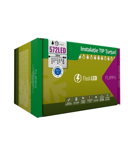 Instalatie Craciun, 20 m, 572 Led-uri ,Franjuri, Albastru, Flash, Transformator cu telecomanda, Interconectabila, Prelungitor 3 m inclus, Fir Negru, Vafy